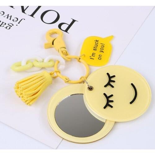 Creative Smiling face Cosmetic Mirror Keychain Mini Tassel Round Mirror Key Chain Double Faced Folding WomenCar Key Ring