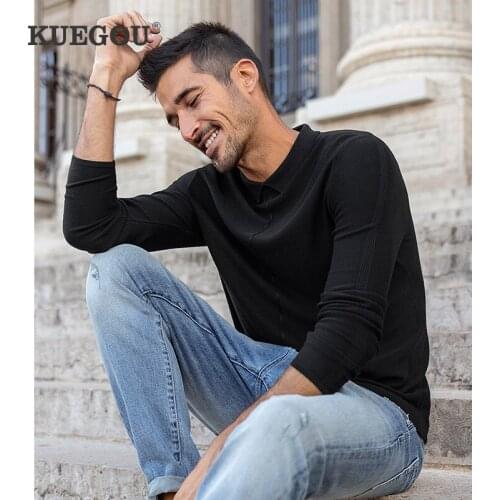 KUEGOU 2020 Autumn Plain Black Gray Blue Sweater Men Pullover Casual Jumper For Male Wear Brand Knitted Plus Clothes 2206