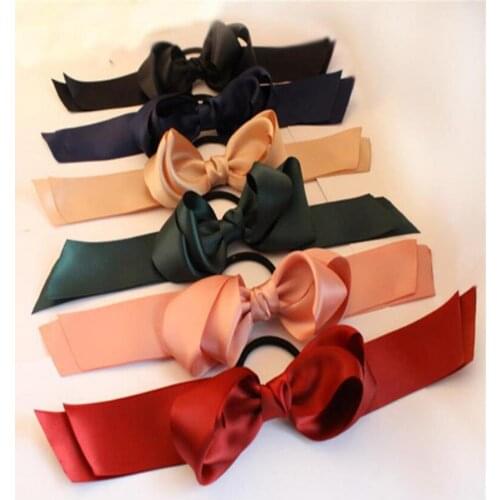 Fashion Simple Solid Color Smooth Surface Satin Boeknot Hair Tie Double Layers Bow Fabric Women Braided Hair Band for Dating