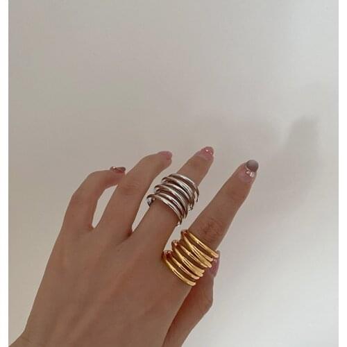 SRCOI Fashion Exaggerated Multi-Circle Metal Ring Entangled Geometry Line Wrapped Statement Finger Ring For Women Accessories