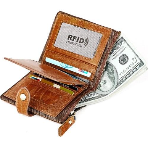 Genuine Leather Wallet Mens Short Coin Purse Vintage Brand RFID BLOCKING Card Holder Natural Cowhide Wallets Mens Gift