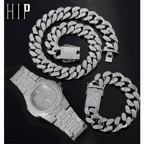 Hip Hop 20MM 3PCS KIT Silver Color Watch+Necklace+Bracelet Bling Crystal AAA+ Iced Out Cuban Rhinestones Chains For Men Jewelry
