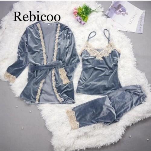 Women New Velvet Warm 3PCS Lace Sleepwear Autumn Winter Pajama Pyjama Set Floral Trim Nightwear Soft Home Wear Lingerie Suit