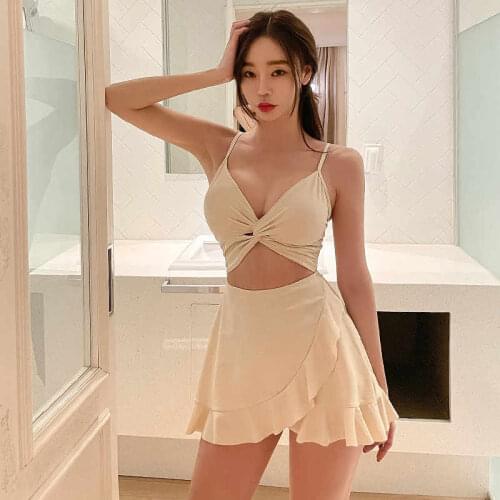 2021 New Korean Version Of Solid Color Sexy Sling, Low-Cut, Ruffled Pleated Skirt, Conservative Beauty Back Hot Spring Swimsuit