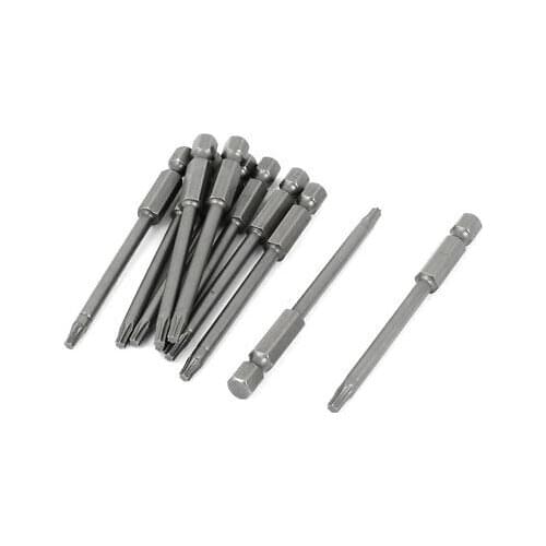 T15 Head 1/4" Hex Shank 75mm Long Magnetic Torx Screwdriver Bits Gray 10pcs