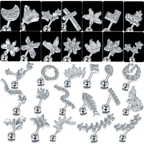 1PC Steel Various CZ Stud Piercings Moon Star Leaf Earring Conch Tragus Stud Helix Cartilage Piercings Jewelry Gift 20G