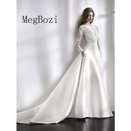 O-neck Long Sleeve A-Line Wedding Dress 2020 See Through Illusion Back White Bridal Gowns With Lace Appliques Bride Dresses