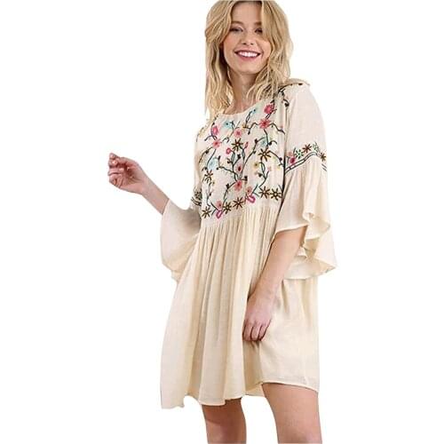 Vintage Dresses Women Loose Half Sleeve Plaid Lace Splice Embroidery Boho Dress Mexican Ethnic Pattern Mini Dress Vestidos Mujer