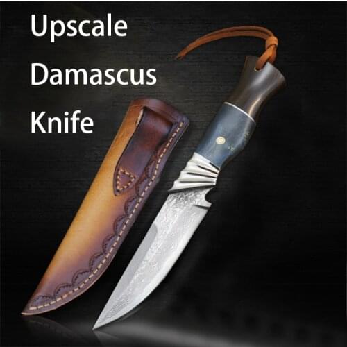 Upscale Damascus Knife Outdoor Fixed Blade Survival Tactical Knives With Leather Sheath Collection Gift High Quality Camp Tool
