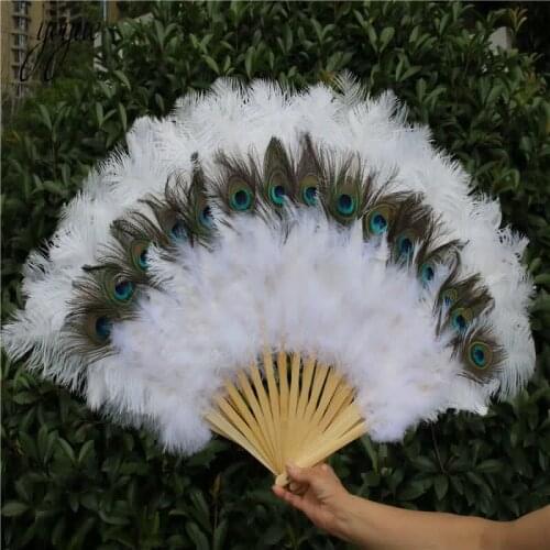 YOYUE 1pcs/lot Elegant White Ostrich Feather Fan Halloween Party Celebration Performance Crafts Props DIY Peacock Feathers Fan