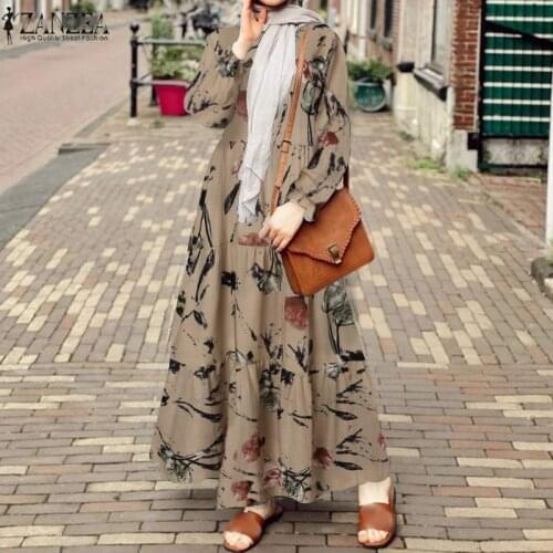 ZANZEA Women Print Maxi Dresses 2021 Spring Ladies Pleated Vestidos Casual Floral Sleeve Sundress Loose Robe Femme