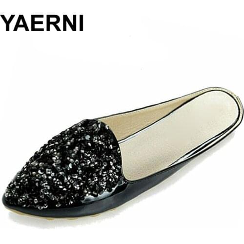 YAERNI New Casual Women Slippers Big Size 43 PU Flat Heel Spring Woman Fashion Bling Slippers Point Toe Black White Womens Shoe