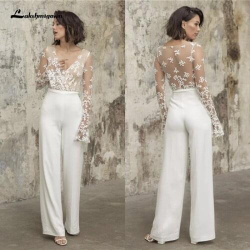 Flare Long Sleeve Jumpsuit Wedding Dresses 2021 Lace Appliques V-Neck Bridal Gown With Pants Sexy Illusion Tulle Custom Made