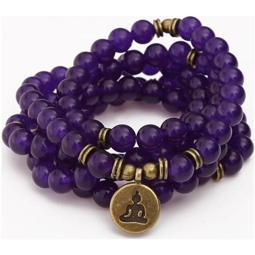 Purple 108 beads 8mm elastic adjustable Lotus life tree Buddha OM eye Chakra Reiki agate Onyx Yoga Bracelet necklace cfg2s