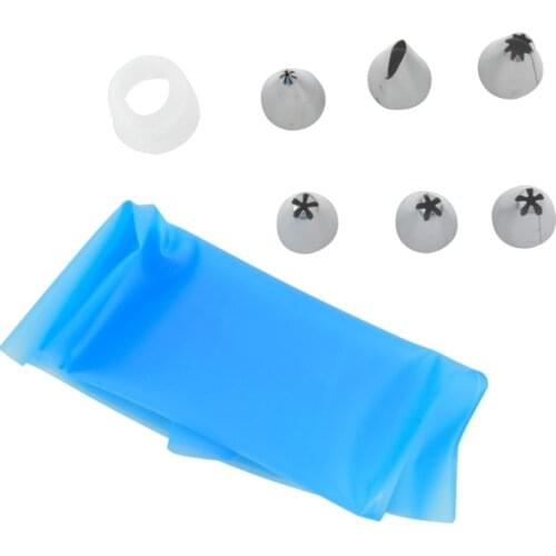 1x Length Silicone Icing Piping Cream Pastry Bag+6x Stainless Steel Nozzle Set Cake Decorating Tips Set KH021