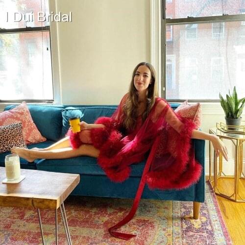 Short Feather Robe Marabou Edgings Dressing Gown Bridal Boudoir Sheer Robe Tulle Illusion Birthday Feather Robe Costume