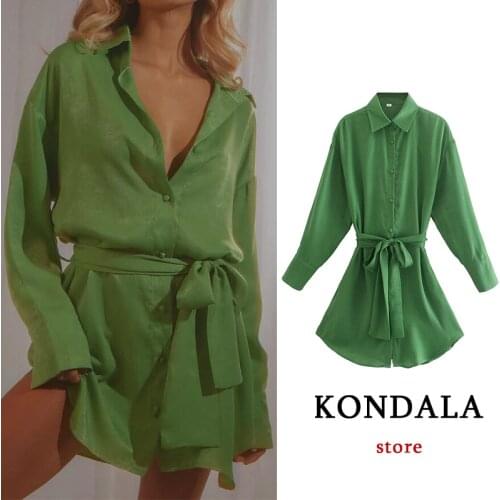 KONDALA Za 2021 Fashion Women Chic Green Stain Mini Shirt Dress Long Sleeve Sashes Ruffles Autumn Dress Vintage Mujer Vestidos