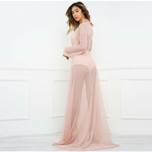 Summer Sexy Elegant Chiffon Solid Long Sleeve See-Through Bikini Cover Up Swimsuit Swimwear Beachwear Bathing Suit Hot Sale