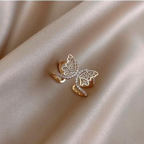 Cute Female White Crystal Butterfly Ring Trendy Gold Color Hollow Open Wedding Rings For Women