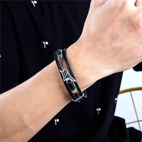18G 21Cm Europe And America Retro Bracelets For Men Pu Leather Black Hip Hop Rock Music Stainless Steel Mini Guitar Gift Jewelry