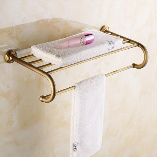 Wall Mounted Antique Brass Bath Towel Rack Active Bathroom Towel Holder Double Towel Shelf Bathroom Accessories