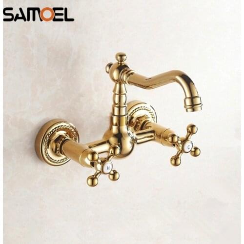 Gold Plated Faucets Wall Mounted Mixer Taps 360 Swivel Hot and Cold Double Handles Taps G1006