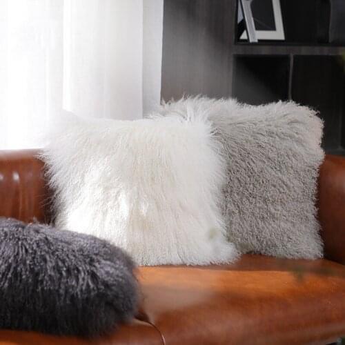 Natural Mongolian curly sheep skin fur pillow cushion without stuff ,square shaped single side decoration sofa fur pillow