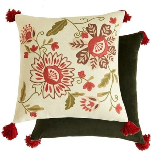 Floral Decorative Throw Pillow Covers Luxury Tassel Linen Cushion Cover Farmhouse Design Trimmed Tailored Edges 45x45cm