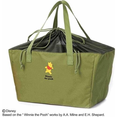 Olive Green Pooh Shopping Bag Picnic Bag Top Handle Large Capacity Foldable Washable Mesh Drawstring Storage Carrier 18 Inch 20L