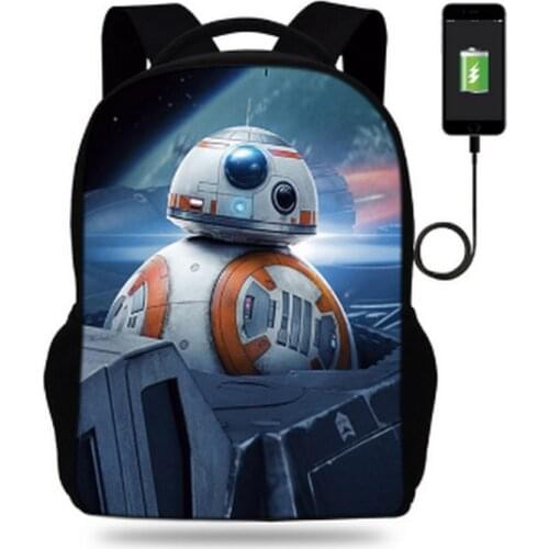 17inch Star wars darth vader R2D2 Robot 3D Print Backpack Teenager Boys School Bags Kids USB Charger Backpack Children Mochila