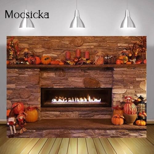 Retro Brick Fireplace Backdrop Photo Shoot Pumpkin Candle Christmas Portait Background Halloween Party Banner Decorations Props