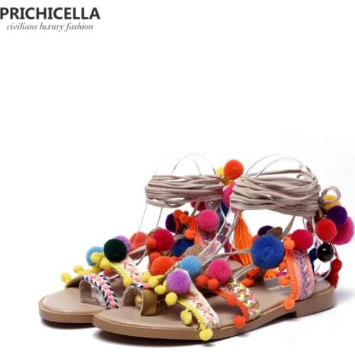 PRICHICELLA lace up pom pom sandals genuine leather gladiator flats women summer fringe shoes size35-41