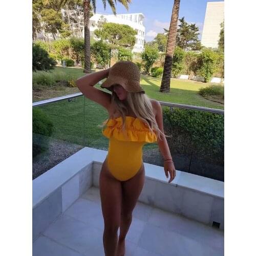 SLMD 2021 za Sexy Female Swimsuit Vintage One Piece Ruffled Push Up Solid Yellow Swimwear Women Monokini Bathing Suits