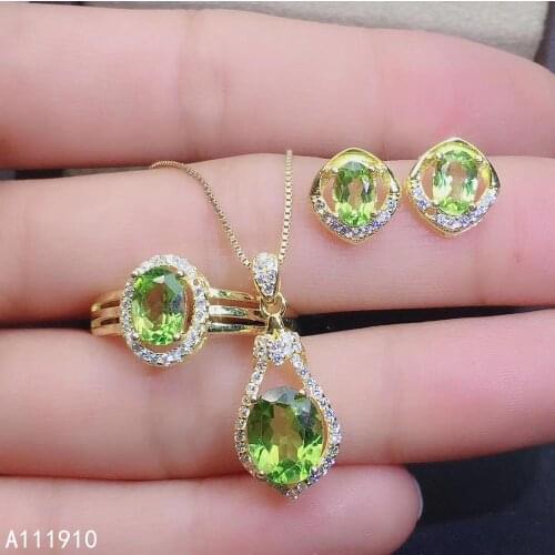 KJJEAXCMY fine jewelry 925 sterling silver inlaid Natural Peridot Necklace Ring Earring Suit Support Detection luxurious