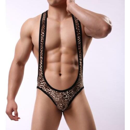 Temptation Men Leopard Printing Bodysuit Sexy Open Butt Leotard Erotic Man Suspender Underwear Soft Backless Jockstrap Lingerie