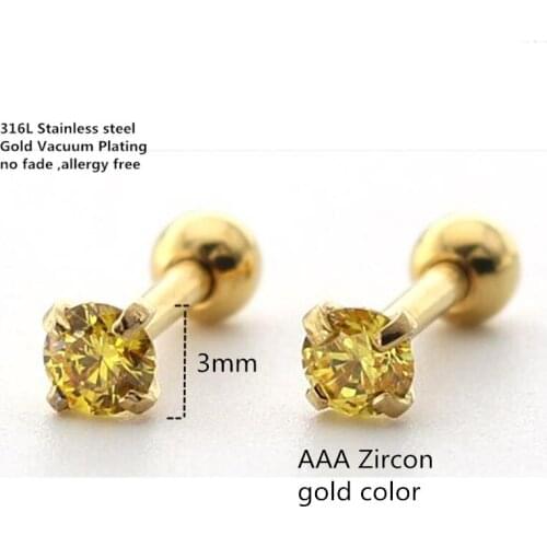 Titanium Gold-color Plated Screw Stud Earrings With Mini 3mm Gold AAA Zircon 316L Stainless Steel No Fade No Allergy