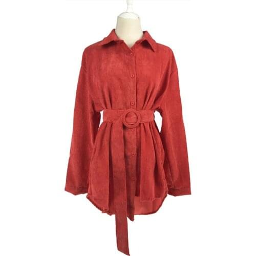 PERHAPS U Asymmetrical Women Blue Red Solid Turn Down Collar Long Sleeve Full Sleeve Shirt Sash Corduroy High Street B0138