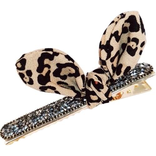 12pcs Cute Bow Crystal Hairpins Korean Hair Accessories Women Rhinestones Clips Leopard Ears Hair Clip Wholesale