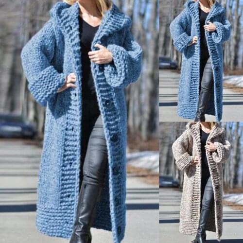 Women Winter Buttons Plus Size Outwear Sweater Cardigan Thicken Long Sleeve Hooded Mid-length Knit Sweater Coat