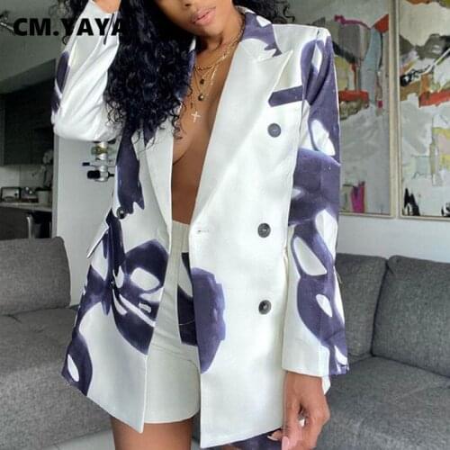 CM.YAYA Women Set Print Full Sleeve Notched Blazers Shorts Suits Print Two 2 Piece Set Fall Outfit Office Lady Work Street Wear