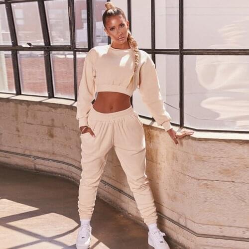 [Shesrim] Solid Color Long-Sleeved Round Neck Cropped Short Top Casual Fitness Trousers Fashion Womens Sports Two-Piece Suit