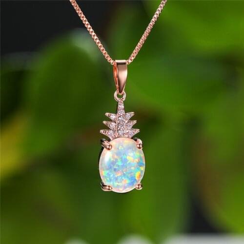 Boho Female Oval Opal Pendant Necklace Rose Gold Color Chain Necklaces For Women Vintage Crystal Pineapple Wedding Necklace
