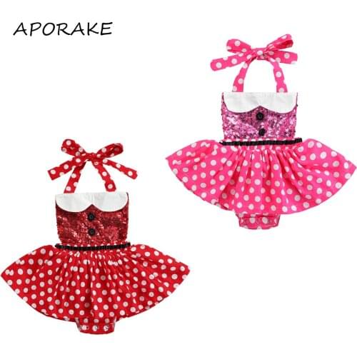 2021 0-24M Newborn Baby Girl Playsuit Cute Dress Sequins Front Off Shoulder Button Halter Dot Print Tutu Romper Dress Summer New