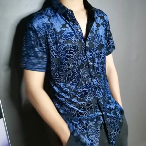 2021 Emboidery Flower Shirt Men Blue Black Top Men High Quality Party Plus Size Designer Shirt Fashion Sexy Short Sleeve Shirt