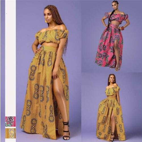African Dashiki Print 2 pieces Set (Tops+Skirts) Women African Clothes Traditional Costume African Dresses Women Robe Africaine