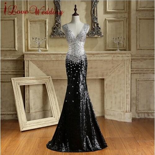 Sparkly Formal Evening Dress Sexy Backless Black Sequins Evening Gown Crystals Beaded Robe De Soiree Long Mermaid Prom Dresses