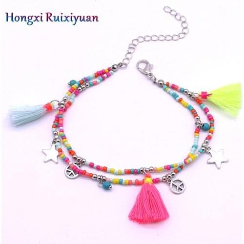 Anklet jewelry fashion crystal five-pointed star and peace circle ladies anklet bohemian party 3 color beaded anklet gift