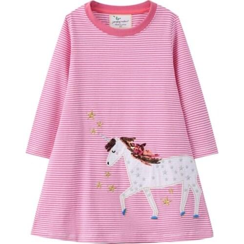 Spring Autumn Girls Dress 2021 New Arrival Long Sleeve Cartoon Unicorn Striped Dresses for Children Kids