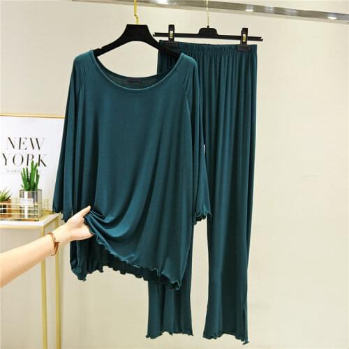 Home Wear Modal Two Pieces Women Pant Sets 2021 Autumn New Solid Loose T-shirts and Wide Leg Ankle Leg Pants Female Pant Sets