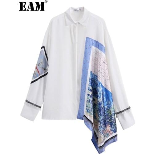 [EAM] 2021 New Spring Autumn Lapel Long Sleeve White Irregular Pattern Printed Big Size Shirt Women Blouse Fashion Tide JT636